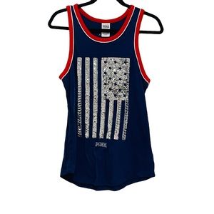 NEW VICTORIA’S SECRET Pink Sequin Bling Flag Tank Top Shirt Size Small